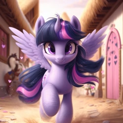 Size: 1024x1024 | Tagged: safe, ai content, machine learning generated, twilight sparkle, twilight sparkle (alicorn), alicorn, pony, bing, female, horse statue, it's coming right at us, looking at you, mare, ponyville, solo, spread wings, statue, wavy mouth