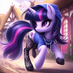Size: 1024x1024 | Tagged: safe, ai content, machine learning generated, twilight sparkle, unicorn twilight, pony, unicorn, alternate cutie mark, bing, clothes, female, hoodie, lace, mare, ponyville, solo, stockings