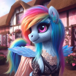 Size: 1024x1024 | Tagged: safe, ai content, machine learning generated, rainbow dash, pegasus, pony, bing, chest fluff, clothed ponies, clothes, dress, female, fluffy, lace, mare, ponyville, semi-realistic, smiling, solo