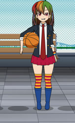 Size: 319x526 | Tagged: safe, derpibooru import, rainbow dash, human, basketball, bench, clothes, female, humanized, kisekae, socks, solo, sports, striped socks