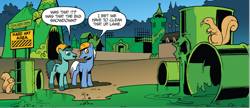 Size: 1698x732 | Tagged: safe, artist:andypriceart, derpibooru import, idw, earth pony, pony, squirrel, g4, spoiler:comic, spoiler:comic28, barrel, construction pony, construction worker, cropped, helmet, male, official comic, speech bubble, stallion, tent, this will end in death, this will end in tears, this will end in tears and/or death, this will not end well, unnamed character, unnamed pony, vegetation