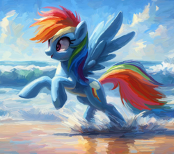 Size: 1786x1588 | Tagged: safe, artist:yidwags, derpibooru import, rainbow dash, pegasus, pony, g4, beach, female, mare, ocean, open mouth, outdoors, running, smiling, solo, splashing, spread wings, water, wings