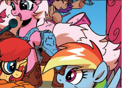 Size: 709x514 | Tagged: safe, derpibooru import, idw, rainbow dash, earth pony, pony, g4, spoiler:comic, spoiler:comicff16, clothes, female, jem, jem and the holograms, mare, overalls, pony pickers, prancy drew, strawberry gem