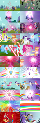 Size: 2000x6191 | Tagged: safe, derpibooru import, screencap, applejack, discord, fluttershy, pinkie pie, rainbow dash, rarity, twilight sparkle, twilight sparkle (alicorn), unicorn twilight, alicorn, draconequus, earth pony, pegasus, pony, unicorn, g4, keep calm and flutter on, princess twilight sparkle (episode), season 3, season 4, bathtub, big crown thingy, black vine, comparison, element of generosity, element of honesty, element of kindness, element of laughter, element of loyalty, element of magic, elements of harmony, jewelry, mane six, rainbow, recycled animation, regalia, side by side, statue discord
