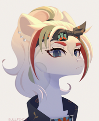 Size: 4088x5000 | Tagged: safe, artist:cherebushek, derpibooru import, oc, oc only, earth pony, pony, absurd file size, bandana, bust, clothes, commission, ear piercing, earring, female, jewelry, mare, piercing, ponytail, simple background, solo