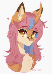 Size: 2418x3426 | Tagged: safe, artist:cherebushek, derpibooru import, oc, oc only, pony, unicorn, bandaid, bandaid on nose, bust, chest fluff, curved horn, ear fluff, ears, eyebrows, eyebrows visible through hair, female, hair braid, heart, horn, mare, simple background, solo, white background