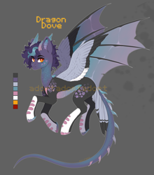 Size: 5122x5830 | Tagged: safe, artist:cherebushek, derpibooru import, oc, dracony, dragon, hybrid, pony, adoptable, dragon tail, facial markings, flying, horns, hybrid wings, male, reference sheet, solo, stallion, tail, unshorn fetlocks, wings