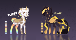Size: 5500x2904 | Tagged: safe, artist:cherebushek, derpibooru import, oc, oc only, oc:flaffy rainbow, oc:flare, pegasus, pony, unicorn, adoptable, bell, bell collar, chest fluff, clothes, collar, curved horn, duo, ear fluff, ears, horn, leonine tail, male, multiple horns, reference sheet, reflection, socks, stallion, tail