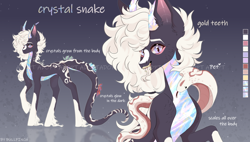 Size: 6726x3824 | Tagged: safe, artist:cherebushek, derpibooru import, oc, cobra, original species, pony, snake, adoptable, coat markings, crystal, ear fluff, ears, facial markings, fangs, female, forked tongue, horns, mare, reference sheet, slit eyes, tongue, tongue out, unshorn fetlocks