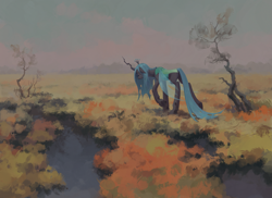 Size: 4113x3000 | Tagged: safe, artist:koviry, derpibooru import, queen chrysalis, changeling, changeling queen, g4, ears, eyes closed, female, floppy ears, high res, mare, outdoors, raised hoof, raised leg, sad, scenery, solo, swamp, walking away, water, wings, wings down