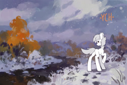 Size: 2586x1734 | Tagged: safe, artist:koviry, derpibooru import, oc, oc only, earth pony, pony, butt, commission, plot, river, scenery, snow, solo, water, your character here