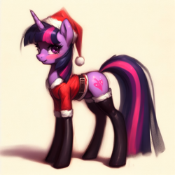 Size: 2048x2048 | Tagged: safe, ai content, derpibooru import, generator:bing image creator, machine learning generated, twilight sparkle, unicorn twilight, pony, unicorn, g4, blushing, christmas, clothes, costume, female, hat, holiday, looking at you, mare, santa costume, santa hat, side view, solo, stockings, thigh highs, wrong cutie mark