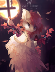 Size: 4552x6000 | Tagged: safe, artist:sweetlynight, derpibooru import, oc, oc only, oc:nico, oc:supreme bird of the gods, bird, pegasus, pony, chest fluff, duo, ear fluff, ear piercing, earring, ears, horns, jewelry, male, necklace, piercing, stallion