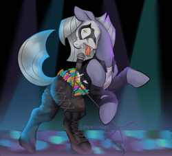 Size: 4400x4002 | Tagged: safe, artist:leopardsnaps, derpibooru import, limestone pie, earth pony, pony, g4, boots, clothes, concert, corpse paint, dirty, lights, metal, microphone, screaming, shoes, singing, solo, spotlight, torn clothes