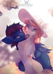 Size: 4325x6000 | Tagged: safe, artist:sweetlynight, derpibooru import, oc, oc only, pegasus, pony, unicorn, bipedal, chest fluff, commission, cookie, curved horn, duo, female, flower, food, hat, horn, male, mare, oc x oc, shipping, stallion, straight, water
