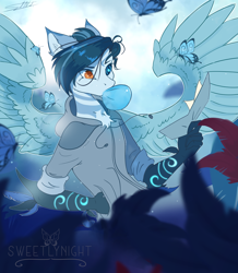 Size: 3000x3436 | Tagged: safe, artist:sweetlynight, derpibooru import, oc, oc only, anthro, butterfly, pegasus, bubblegum, clothes, food, gum, heterochromia, hoodie, male, solo