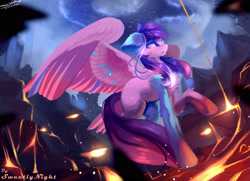 Size: 3500x2538 | Tagged: safe, artist:sweetlynight, derpibooru import, oc, oc only, pegasus, pony, crying, female, lava, mare, spread wings, stars, wings