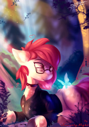 Size: 2101x3000 | Tagged: safe, artist:sweetlynight, derpibooru import, oc, oc only, oc:amy heartbreak, butterfly, earth pony, pony, bell, bell collar, clothes, collar, female, forest, glasses, hoodie, mare, nature, solo, tree