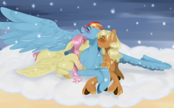 Size: 5787x3610 | Tagged: safe, artist:bbviiwg, derpibooru import, applejack, fluttershy, rainbow dash, earth pony, pegasus, pony, g4, absurd resolution, appledash, appledashshy, appleshy, blushing, female, flutterdash, lesbian, lying down, mare, one wing out, polyamory, prone, shipping, snow, snowfall, spread wings, trio, trio female, unshorn fetlocks, wing blanket, winghug, wings