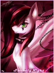 Size: 1478x2024 | Tagged: safe, artist:sweetlynight, derpibooru import, oc, oc only, oc:emala jiss, pegasus, pony, chains, choker, facial markings, female, heterochromia, mare, solo, spiked choker