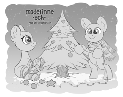 Size: 3234x2548 | Tagged: safe, artist:madelinne, derpibooru import, black and white, chibi, christmas, christmas ball, christmas tree, clothes, commission, grayscale, holiday, monochrome, scarf, sketch, socks, tree, your character here