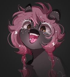 Size: 952x1037 | Tagged: safe, artist:melodylibris, derpibooru import, oc, oc only, earth pony, pony, bust, eye clipping through hair, female, freckles, glowing, gray background, mare, open mouth, open smile, pigtails, simple background, smiling, solo, sparkles, twintails