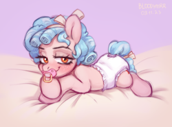 Size: 3000x2214 | Tagged: safe, artist:bloodymrr, derpibooru import, cozy glow, pony, g4, abdl, bed, bow, diaper, evil grin, female, filly, foal, gloating, grin, hair bow, high res, lying down, non-baby in diaper, orange eyes, simple background, smiling, wingless