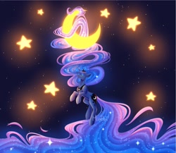 Size: 2141x1855 | Tagged: safe, artist:minelviii, derpibooru import, princess luna, alicorn, pony, g4, blue background, crescent moon, eyes closed, female, impossibly long hair, impossibly long tail, long hair, mane, mare, moon, simple background, solo, stars, tail, tangible heavenly object, very long hair