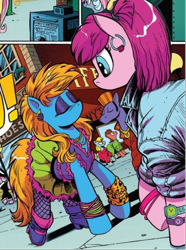 Size: 645x866 | Tagged: safe, artist:andypriceart, derpibooru import, idw, earth pony, pony, g4, spoiler:comic, spoiler:comic64, 80's fashion, 80s, 80s hair, bangles, big hair, boots, clothes, comic, denim, denim jacket, ear piercing, earring, everything old, fashion crisis, female, fishnet stockings, jacket, jewelry, leopard print, manehattan, mare, official comic, piercing, shoes, skirt, speech bubble, unnamed character, unnamed pony, watch, wristband, wristwatch