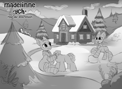 Size: 5856x4267 | Tagged: safe, artist:madelinne, derpibooru import, advertisement, black and white, clothes, commission, door, duo, grayscale, house, monochrome, scarf, sketch, snow, snowman, socks, striped socks, tree, window, your character here