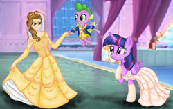 Size: 5134x3236 | Tagged: safe, artist:deannaphantom13, derpibooru import, spike, twilight sparkle, twilight sparkle (alicorn), alicorn, dragon, pony, g4, absurd resolution, adorkable, ballroom, beauty and the beast, belle, clothes, commission, crossover, curtsey, dork, dress, female, folded wings, georgian, gown, holding hands, hoof on chest, male, mare, smiling, suit, winged spike, wings