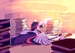 Size: 995x704 | Tagged: safe, artist:vintagecococola, derpibooru import, twilight sparkle, twilight sparkle (alicorn), alicorn, pony, g4, book, bookhorse, facing away, female, glowing, glowing horn, golden oaks library, horn, library, magic, mare, quill, reading, solo, telekinesis, that pony sure does love books