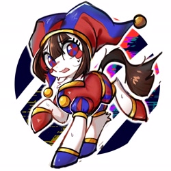 Size: 2048x2048 | Tagged: safe, artist:因幡瞳, derpibooru import, earth pony, pony, female, hat, jester, jester hat, mare, open mouth, pomni, ponified, raised hoof, raised leg, simple background, solo, species swap, sweat, the amazing digital circus, white background