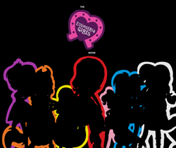 Size: 1920x1614 | Tagged: safe, derpibooru import, screencap, applejack, fluttershy, pinkie pie, rainbow dash, rarity, sci-twi, sunset shimmer, twilight sparkle, equestria girls, equestria girls series, g4, black background, blue, equestria girls logo, humane five, humane seven, humane six, orange (color), pink, ponied up, purple, red, silhouette, simple background, super ponied up, team, the equestria girls movie, white, yellow