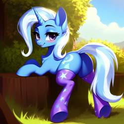 Size: 3072x3072 | Tagged: safe, ai content, derpibooru import, generator:purplesmart.ai, generator:stable diffusion, machine learning generated, trixie, pony, unicorn, g4, anonymous prompter, butt, chest fluff, clothes, female, looking at you, looking back, looking back at you, mare, outdoors, plot, smiling, solo, stockings, tail, the great and powerful ass, thigh highs