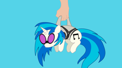 Size: 3840x2160 | Tagged: safe, artist:duran301, derpibooru import, dj pon-3, vinyl scratch, series:pack a pony, g4, blue background, carrying, hand, simple background, solo