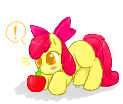 Size: 942x794 | Tagged: safe, artist:jiji-da-cool, derpibooru import, apple bloom, earth pony, pony, worm, g4, apple, blushing, exclamation point, female, filly, foal, food, simple background, white background