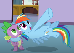 Size: 838x610 | Tagged: safe, derpibooru import, screencap, rainbow dash, spike, dragon, pegasus, g4, spike at your service, cropped, duo, flying, open mouth, open smile, smiling, x x everywhere