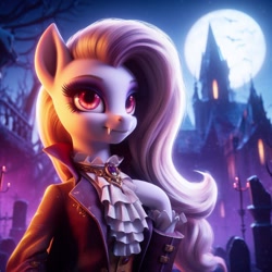 Size: 1024x1024 | Tagged: safe, ai content, derpibooru import, generator:dall-e 3, machine learning generated, fluttershy, pony, semi-anthro, undead, vampire, vampony, g4, 3d, amulet, close-up, clothes, cute, eyes open, fangs, female, gravestone, graveyard, jewelry, light, moon, night, pink mane, prompter:rektpay, red eyes, solo, suit