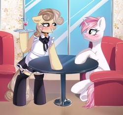 Size: 1746x1638 | Tagged: safe, artist:freyamilk, derpibooru import, oc, oc only, oc:peach blossom, oc:sweet irony, pony, apron, bipedal, clothes, drink, duo, duo female, ears, female, floppy ears, grin, lesbian, looking at each other, looking at someone, maid, mare, serving tray, smiling, smiling at each other, socks, stockings, table, thigh highs, waitress