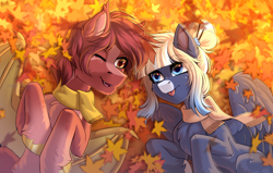 Size: 4500x2857 | Tagged: safe, artist:hakaina, derpibooru import, oc, oc only, oc:kimono silk, oc:meteor glow, bat pony, pegasus, :p, autumn, bat pony oc, belly, blaze (coat marking), clothes, coat markings, concave belly, couple, cute, facial markings, fangs, female, fluffy, gradient mane, hooves, hooves to the chest, leaves, looking at each other, looking at someone, lying down, male, mare, one eye closed, pegasus oc, prone, scarf, shipping, slim, stallion, thin, tongue, tongue out, unshorn fetlocks