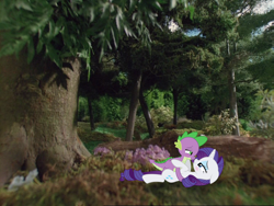 Size: 1438x1080 | Tagged: safe, artist:georgegarza01, derpibooru import, rarity, spike, dragon, pony, unicorn, g4, blushing, ears, eyelashes, eyeshadow, female, floppy ears, forest, grin, henry's forest, lidded eyes, looking at each other, looking at someone, lying down, makeup, male, mare, nature, shipping, smiling, smiling at each other, sparity, straight, thomas the tank engine, tree