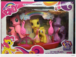 Size: 1024x768 | Tagged: safe, derpibooru import, pinkie pie, spike, twilight sparkle, twilight sparkle (alicorn), alicorn, dragon, earth pony, pegasus, pony, g3.5, g4, ages 3+, alternate coat color, bootleg, brush, female, hairclip, headband, mare, my pretty pony (bootleg), photo, rainbow, sitting, stock vector, toy, wall eyed