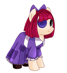 Size: 740x804 | Tagged: safe, artist:diniarvegafinahar, derpibooru import, earth pony, original species, pony, bow, button eyes, clothes, doll, doll pony, dress, female, hair bow, mare, mismatched eyes, patch, ponified, ragatha, ragdoll, simple background, solo, species swap, the amazing digital circus, toy, white background