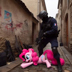 Size: 1024x1024 | Tagged: safe, ai content, derpibooru import, generator:bing image creator, generator:dall-e 3, machine learning generated, pinkie pie, earth pony, human, pony, alley, arrest, boots, clothes, cobblestone street, female, france, gun, helmet, irl, mare, photo, police, police officer, police uniform, ponies in real life, prompter needed, rifle, shoes, weapon