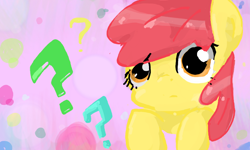 Size: 854x512 | Tagged: safe, artist:naginiko, derpibooru import, apple bloom, earth pony, pony, g4, female, filly, foal, question mark, solo