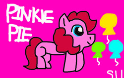 Size: 820x517 | Tagged: safe, artist:stacey-11, derpibooru import, pinkie pie, pony, g4, 1000 hours in ms paint, balloon, drawing challenge, pink background, simple background, solo