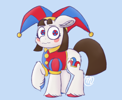 Size: 2034x1668 | Tagged: safe, artist:msaniiart, derpibooru import, earth pony, pony, blue background, blush sticker, blushing, butt fluff, cheek fluff, colored hooves, digital art, ear fluff, ears, female, floppy ears, hat, hock fluff, jester, jester hat, leg fluff, looking at you, mare, pomni, ponified, raised hoof, raised leg, signature, simple background, solo, species swap, the amazing digital circus, three quarter view, unshorn fetlocks, wavy mouth