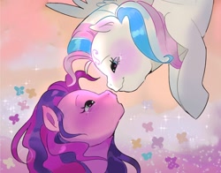 Size: 2048x1606 | Tagged: safe, artist:fluttr3, derpibooru import, skywishes, star catcher, earth pony, pegasus, pony, g3, blushing, lesbian pride flag, pride, pride flag, smiling, solo