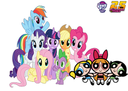 Size: 3500x2500 | Tagged: safe, artist:mlpfan3991, derpibooru import, applejack, fluttershy, pinkie pie, rainbow dash, rarity, spike, twilight sparkle, twilight sparkle (alicorn), alicorn, dragon, earth pony, human, pegasus, pony, unicorn, g4, applejack's hat, blossom (powerpuff girls), bow, bubbles (powerpuff girls), buttercup (powerpuff girls), clothes, cowboy hat, female, group picture, hair bow, hat, logo, male, my little pony logo, simple background, smiling, solo, superhero, the powerpuff girls, the powerpuff girls 25th anniversary, transparent background